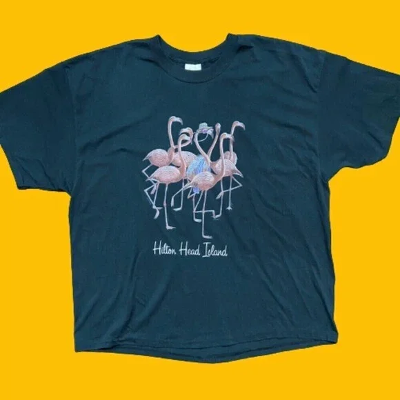 Hanes Vintage 2001 Hilton Head Flamingo T-Shirt Black Pink Men's Size XXL - Picture 1 of 9